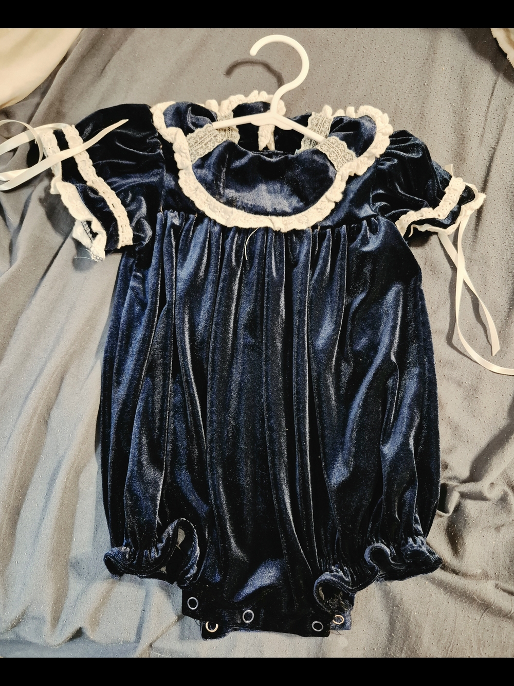 Navy Velvet Lace-Trim Baby Romper